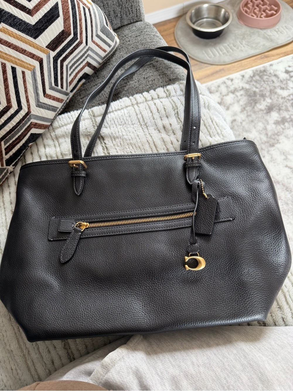 Coach Black Leather Shoulder Tote with Gold Accents